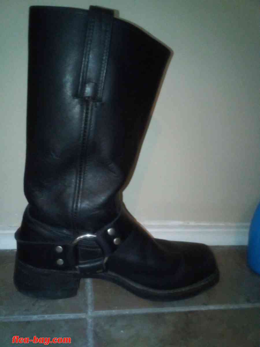 genuine black leather biker boots with harness accents