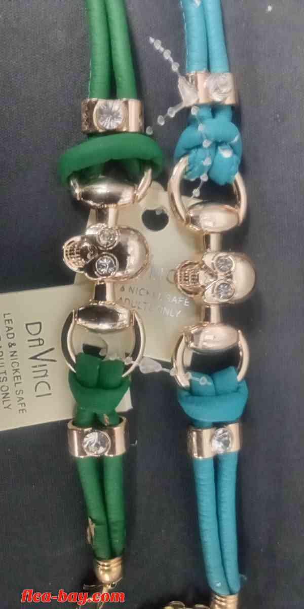 green Skull link leather bracelet