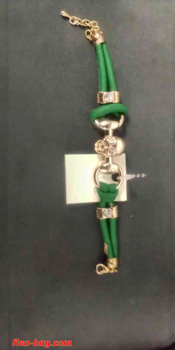 green Skull link leather bracelet