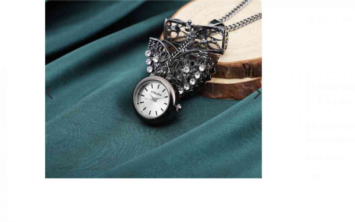 Unique STRADA pendant watch necklace in black silver, 30"