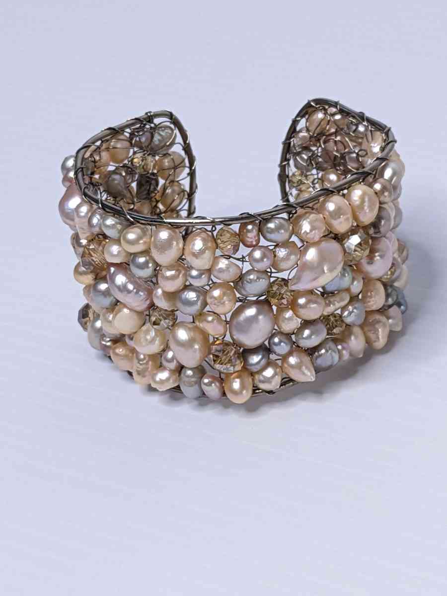 Multi colored freshwater pearls mesh cuff bracelet