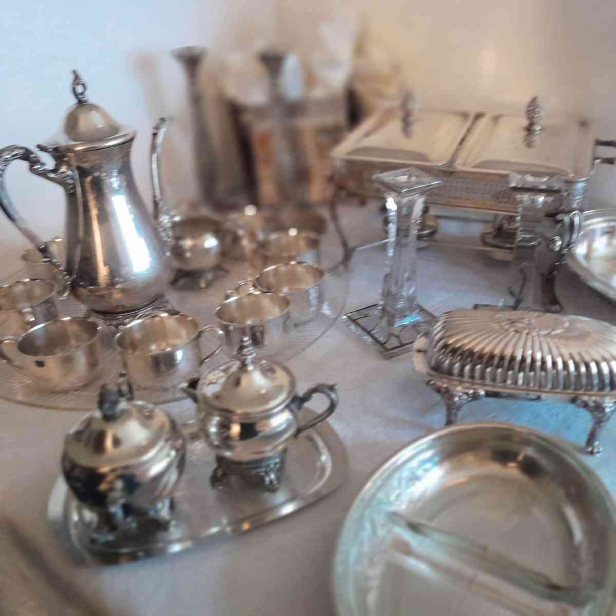 Silver Serving Set With Punch Bowl with alot of pieces