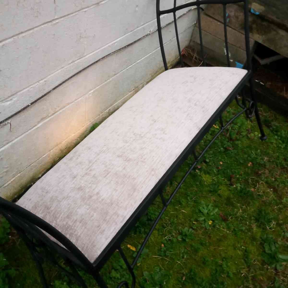 old unique antique iron rod bench newly upholstered