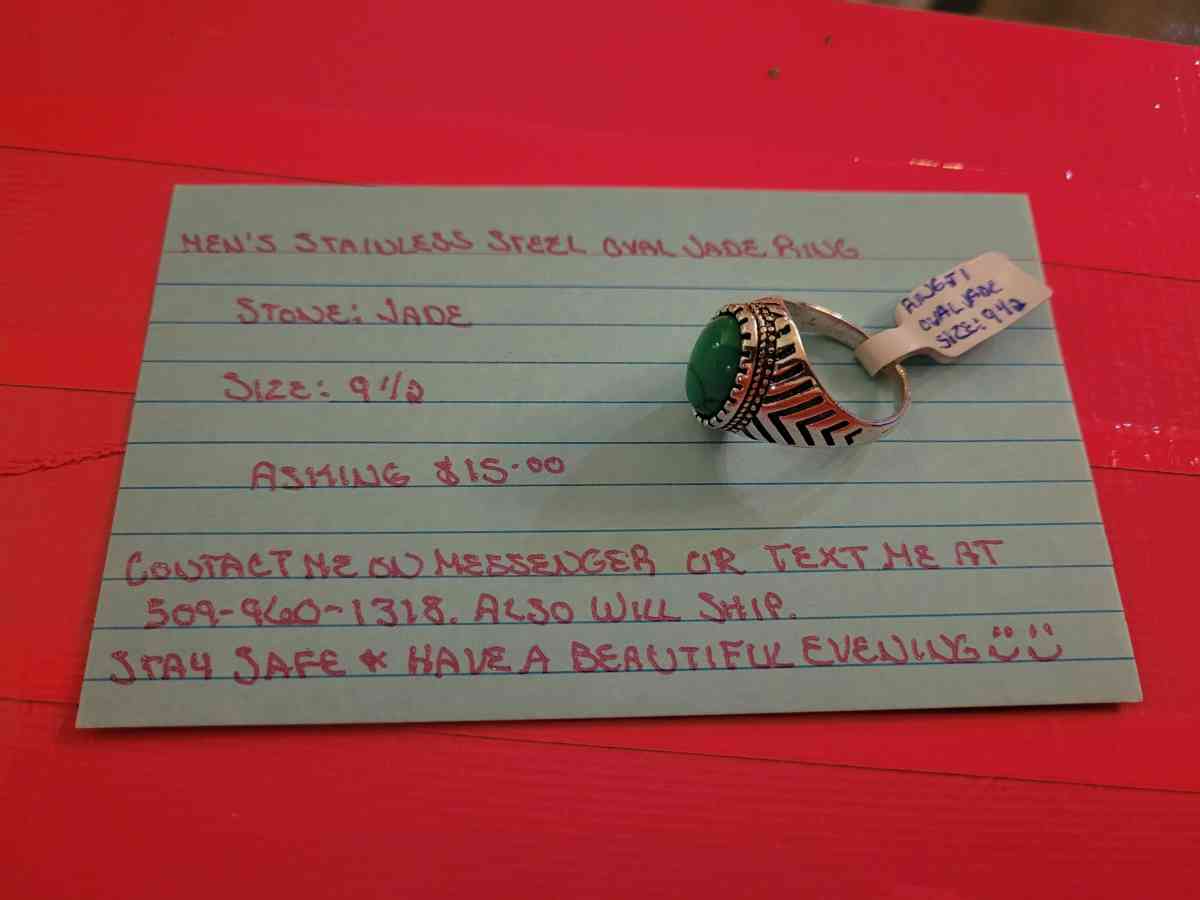 Stainless Steel Mens Oval Jade Ring