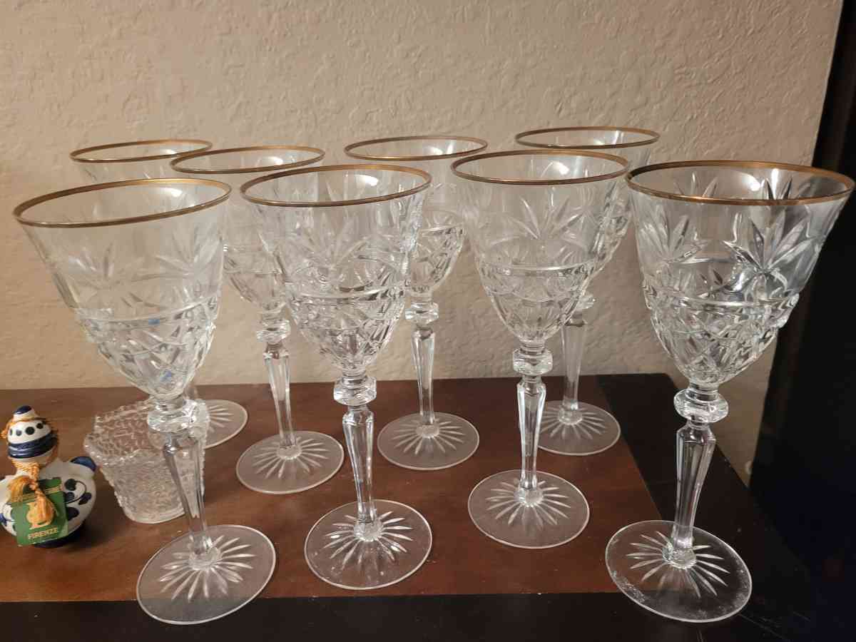 Set of 8 24K Gold Rim Cut Heavy Crystal Stemware