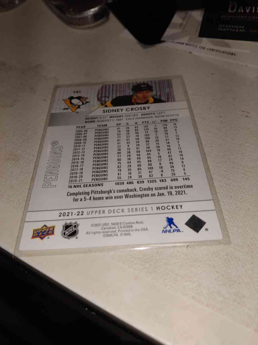 2021 2022 upper Deck Sydney Crosby card number 141