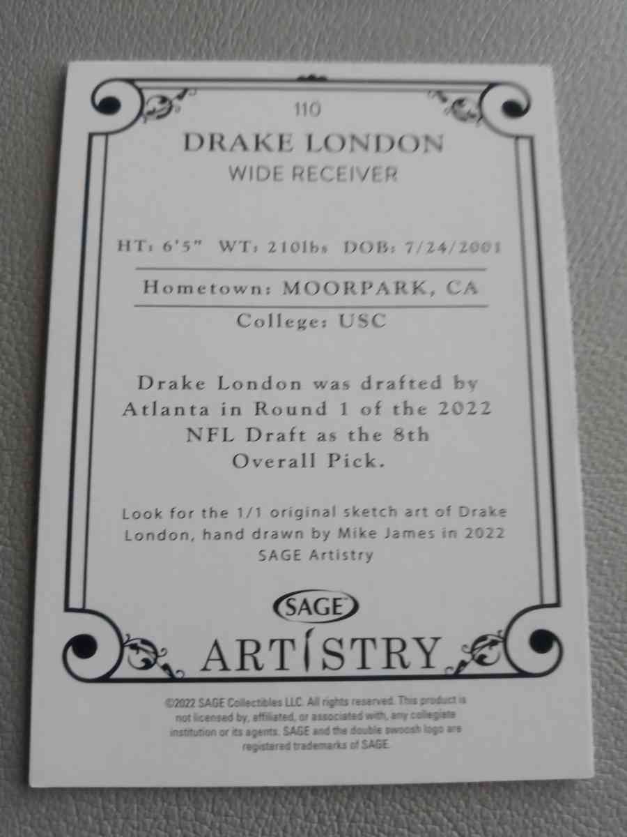 2022 SAGE ARTISTRY  DRAKE LONDON RC CARD