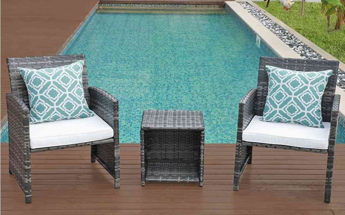 3pc outdoor patio set gray wicker with cream color cushion
