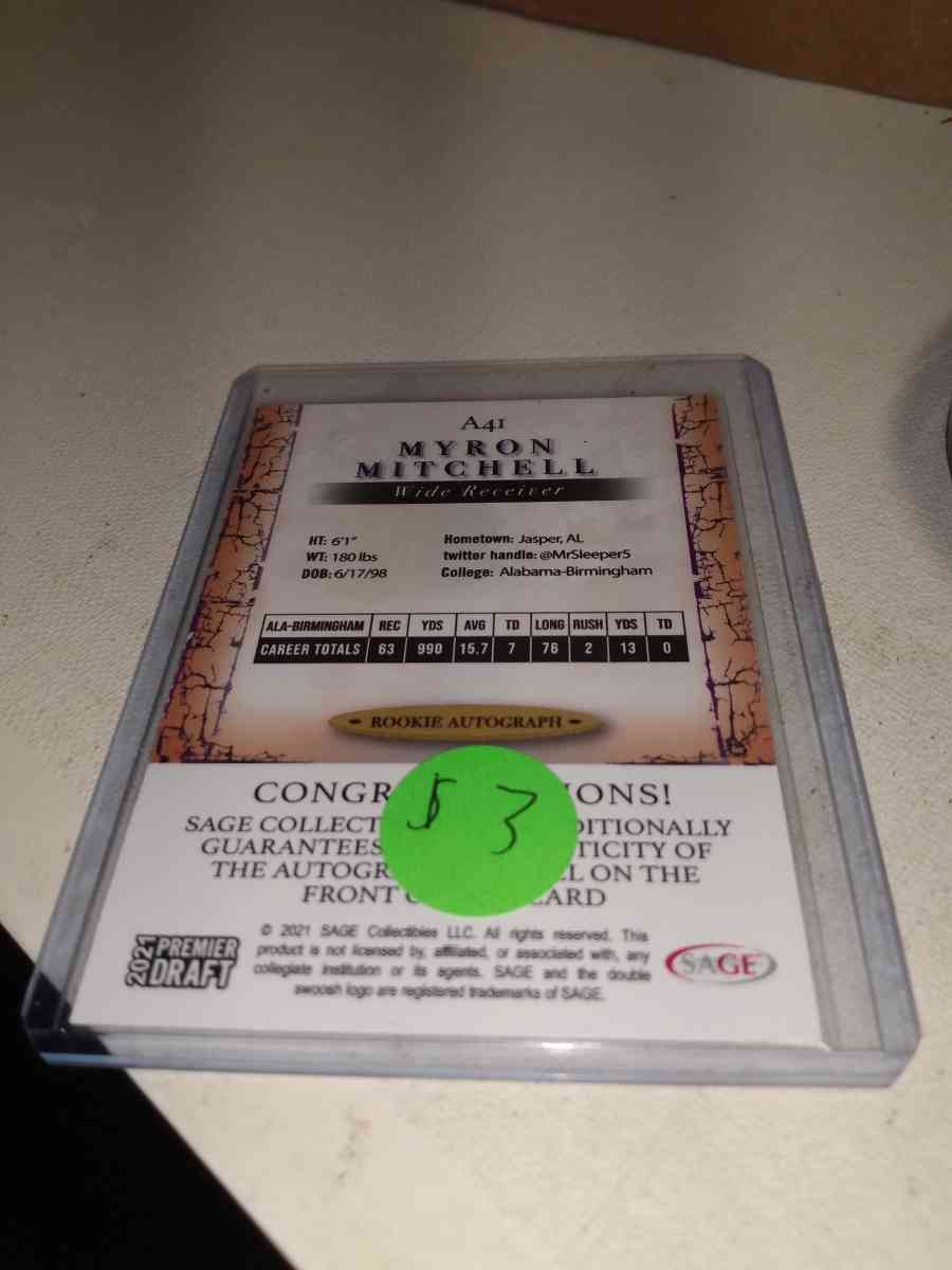 2021 draft premiere rookie card autographed myyron Mitchell