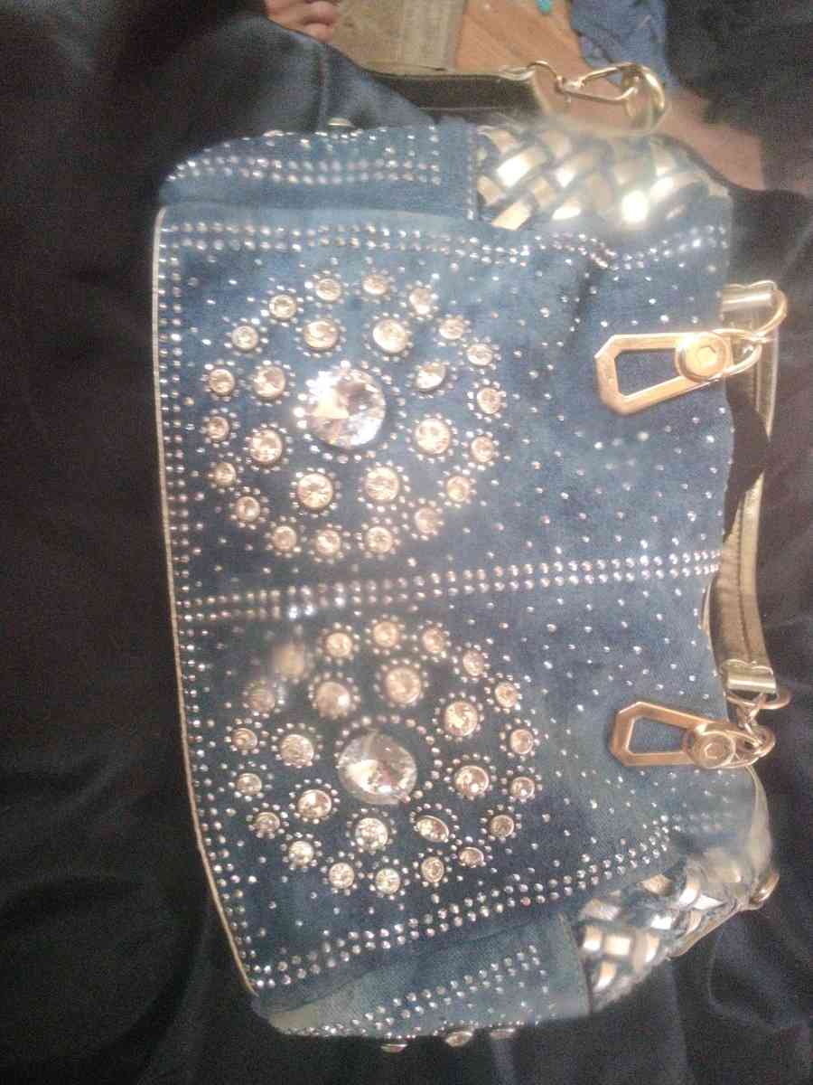 blue jean bejeweled womans hat and purse