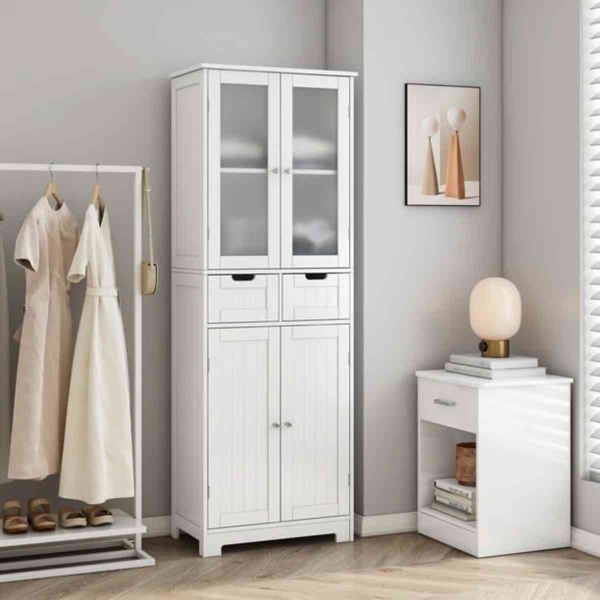 4 Doors Linen Storage Cabinet 3Tier Wood Tall Cabinet Cupboa