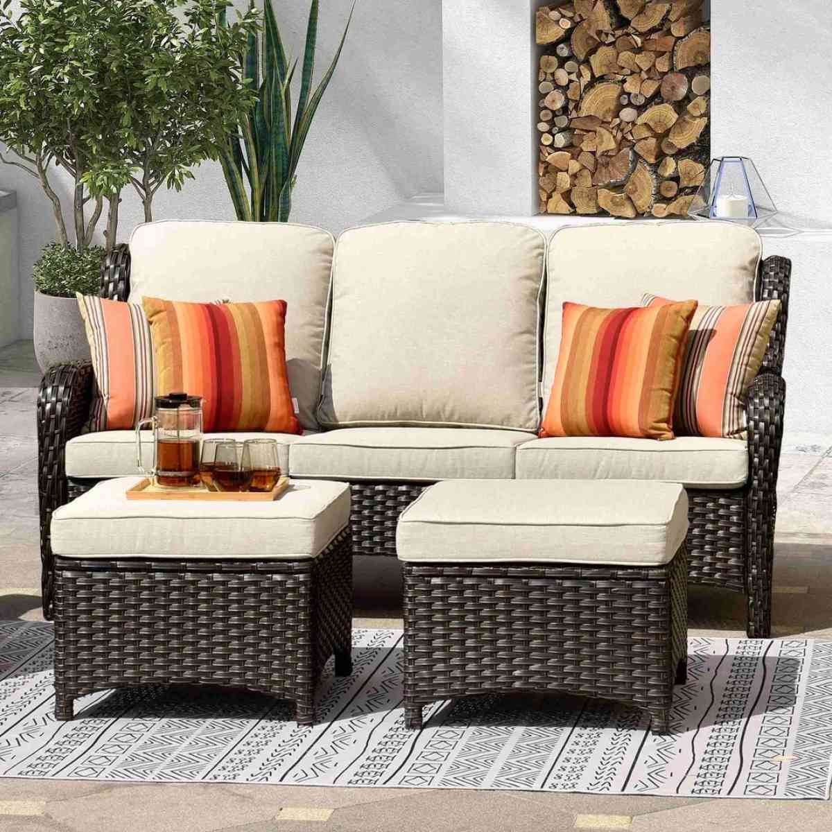 Outdoor Couch 3Piece with Ottoman Kenard Curved Handres
