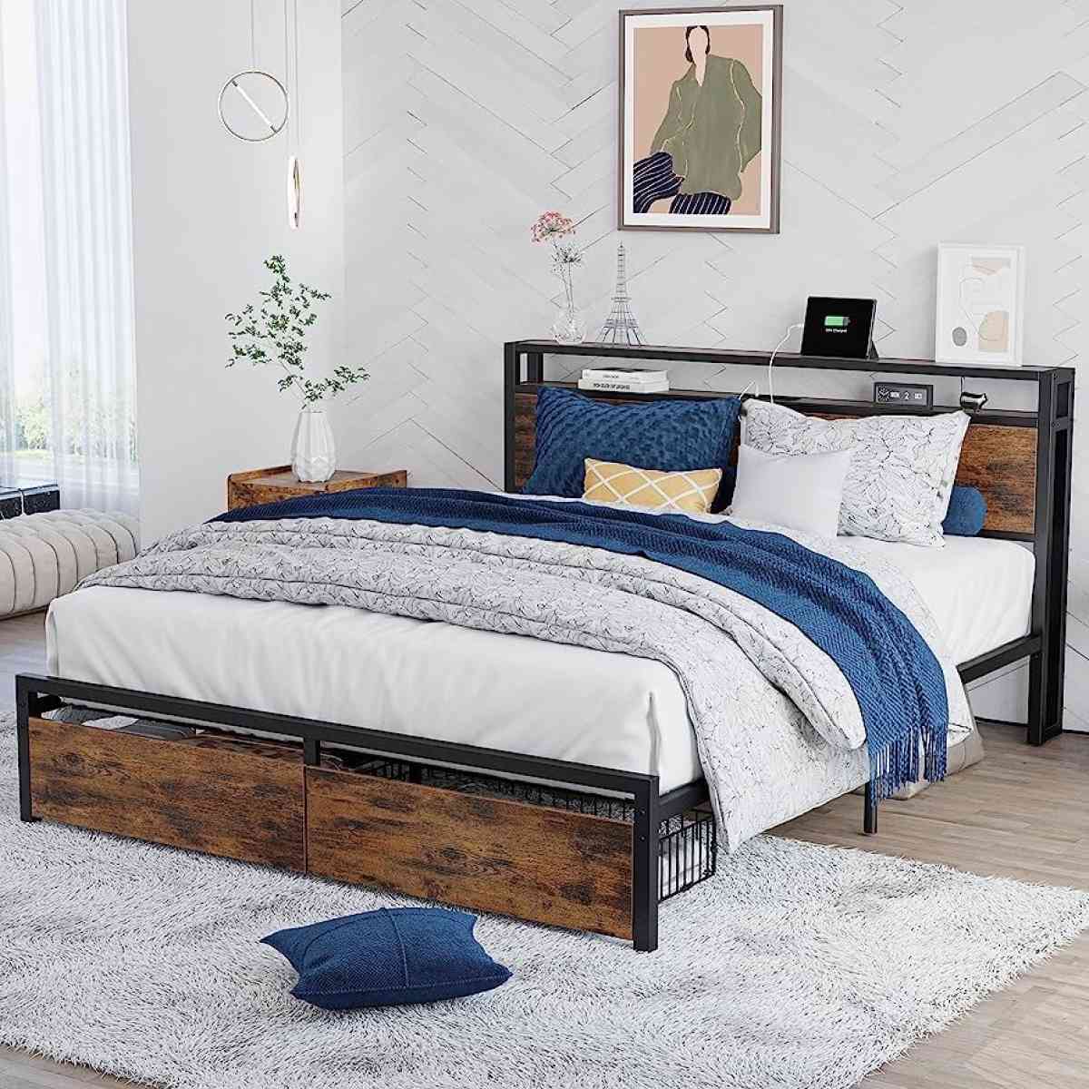 Full Size Bed Frame with Storage Drawers Platform Bed with H