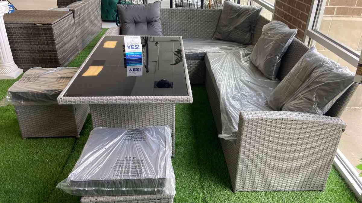 Patio sectional with gray cushions  we have delivery today 4