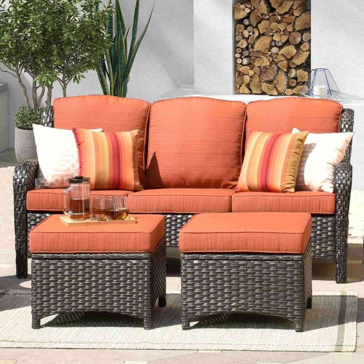Outdoor Couch 3Piece with Ottoman Kenard Curved Handres