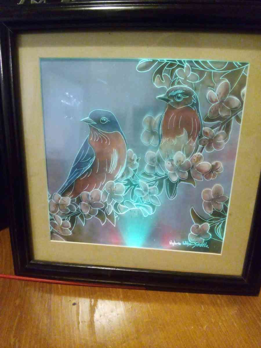 framed picture of two birds with LED lighting
