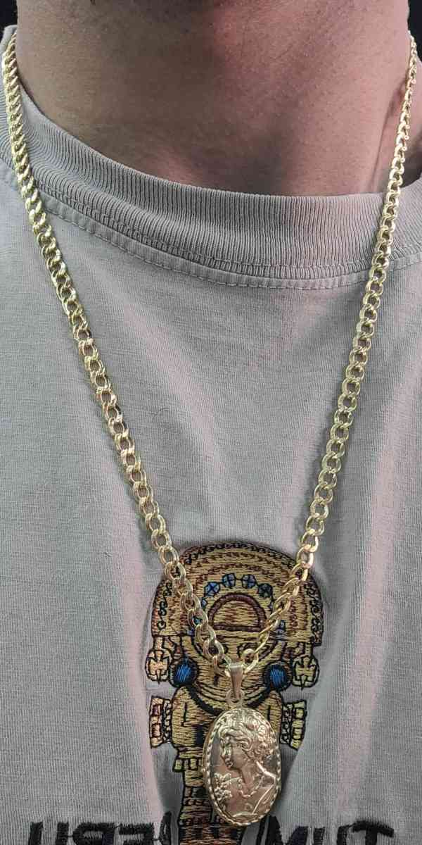 14K Gold Chain Hollow Cuban W Photo Charm 185 Grams 24