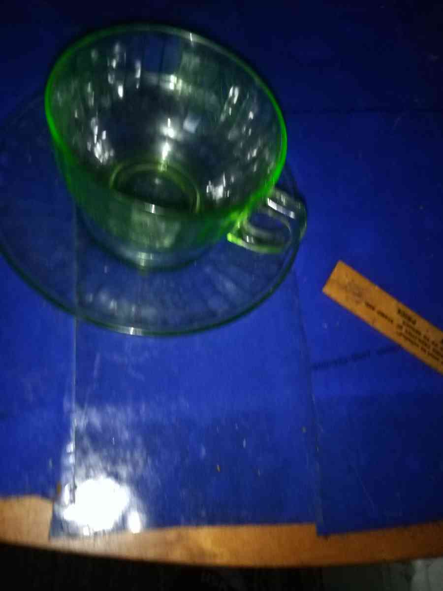 Hazel Atlas fruits uranium glass cup and saucer