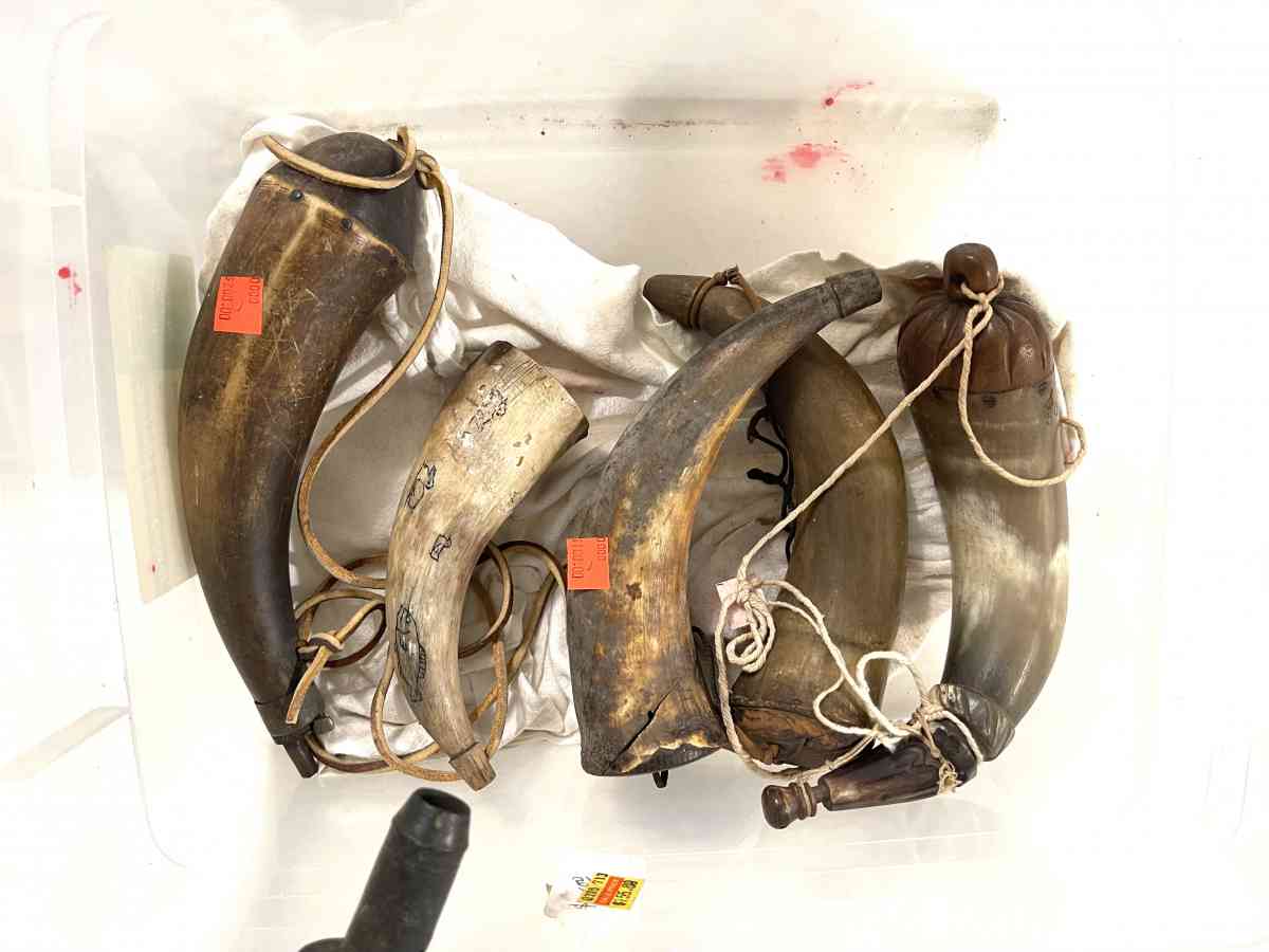 antique 1840s flasks  and powder horns