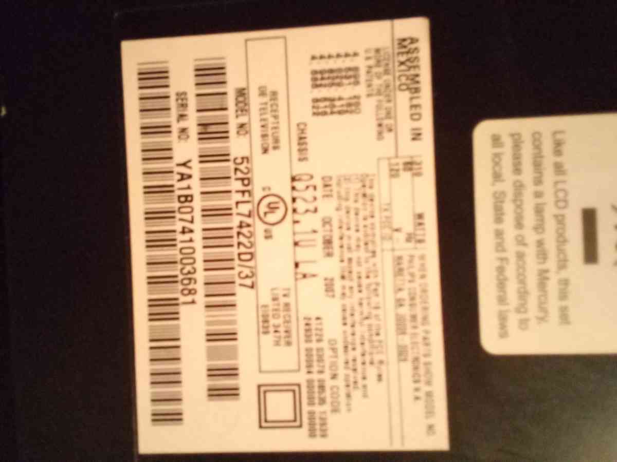 Philips tv Model number 52PFL7422D37