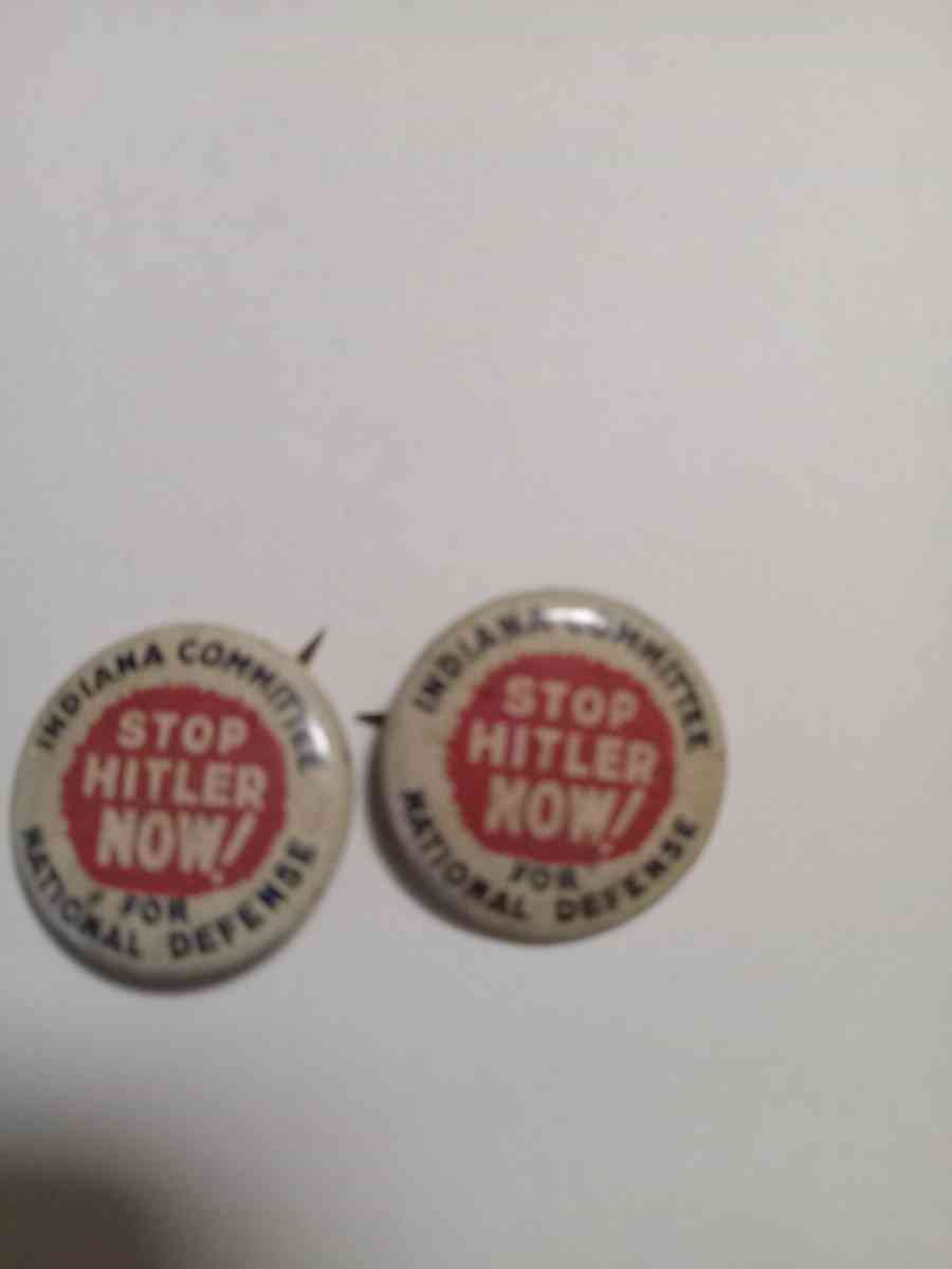antique stop Hitler pinback buttons  two