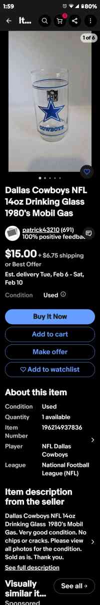 Collectable Dallas Cowboys 1 pint Glass