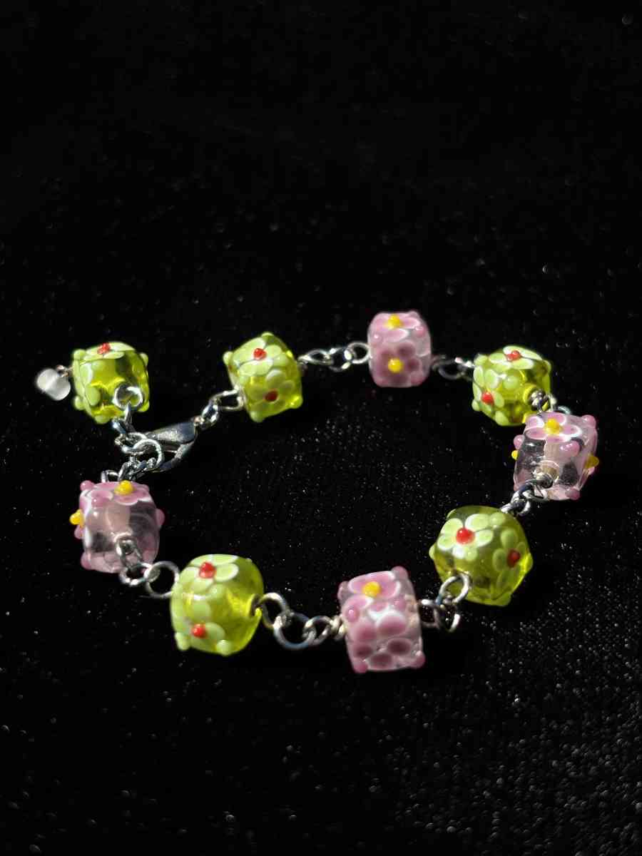 Handmade pink and green textured glass bracelet