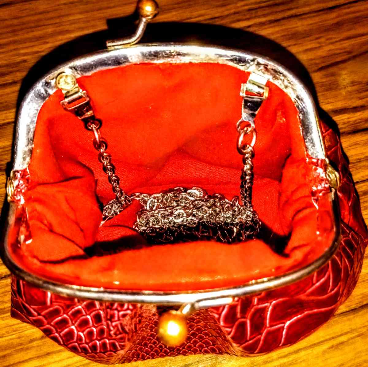Red Small Rattlesnake Pattern Clutch with 25in Silver Chain