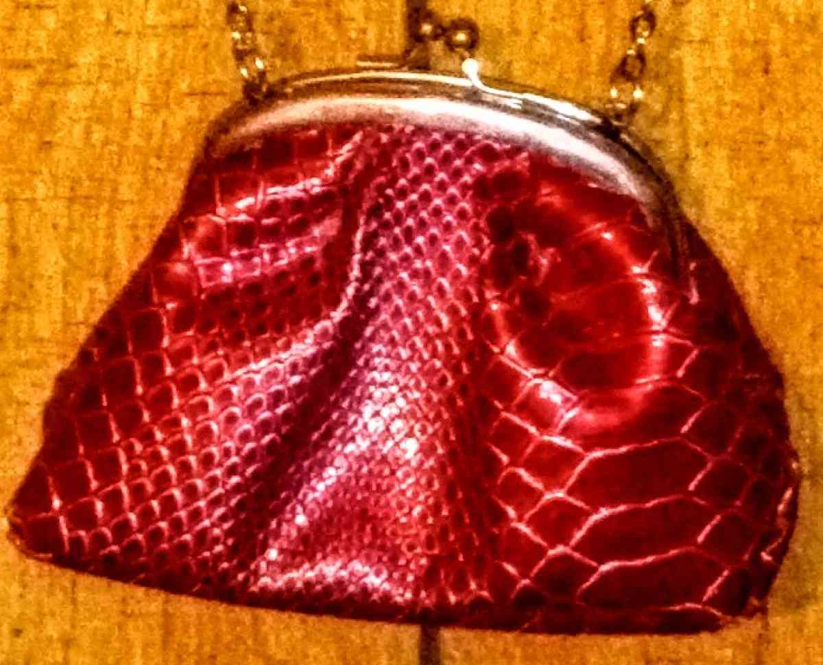 Red Small Rattlesnake Pattern Clutch with 25in Silver Chain