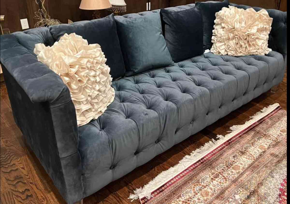 Vertical Navy Velvet Sofa