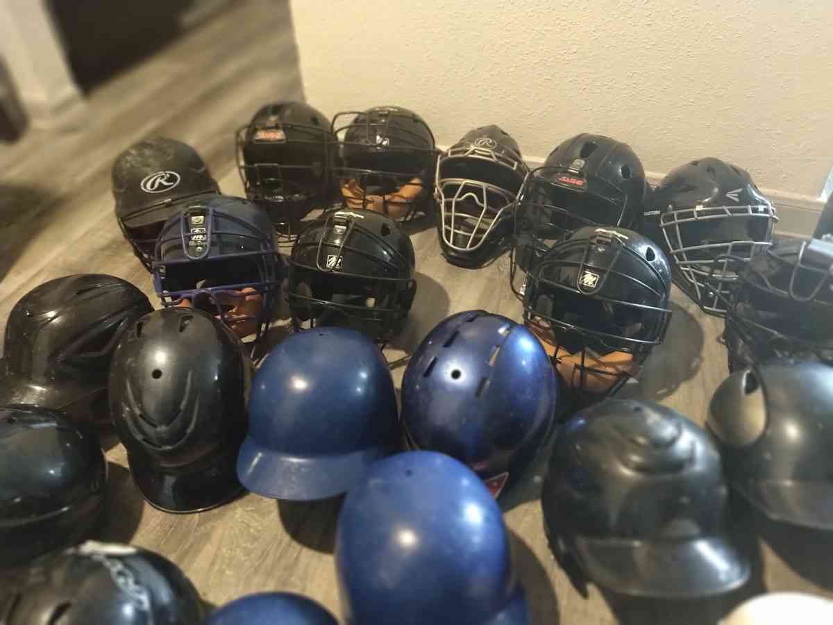 little League catcher gear baseball bats and helmets