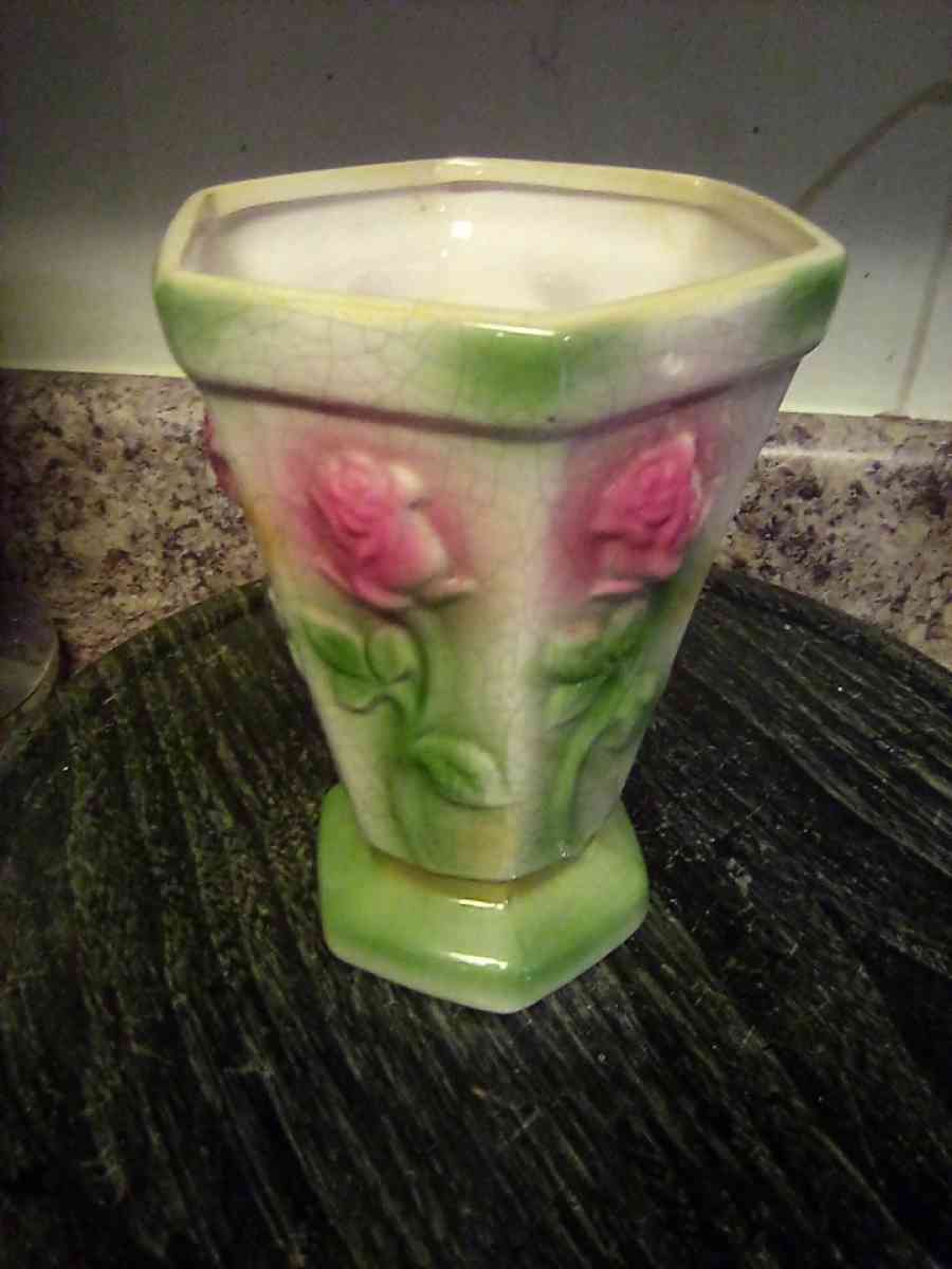 Vintage 1940s Crackle Vase Bloom Rite Shabby Pink Roses