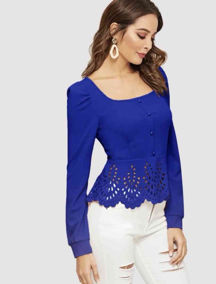 Buttoned Front Laser Cut Hem Puff Sleeve Top
