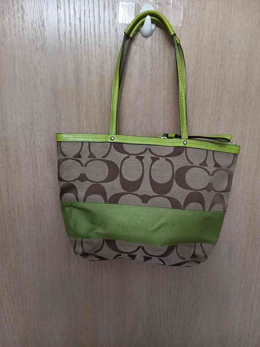 Coach Green leather and beige canvas