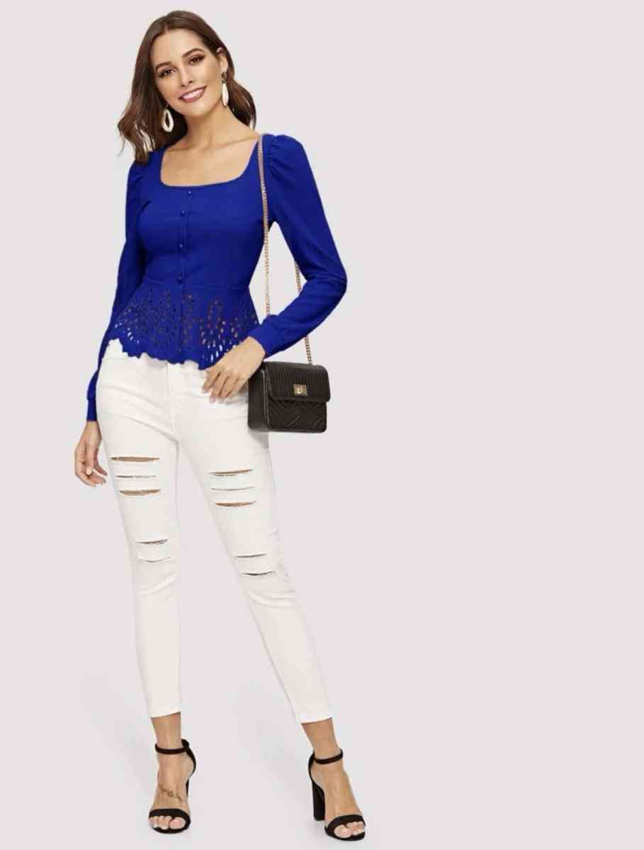 Buttoned Front Laser Cut Hem Puff Sleeve Top