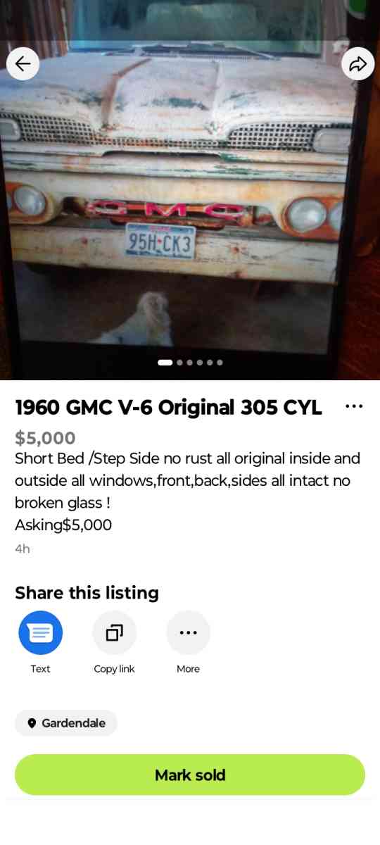 1960 GMC V6 305 CYL Short Bed Step Side