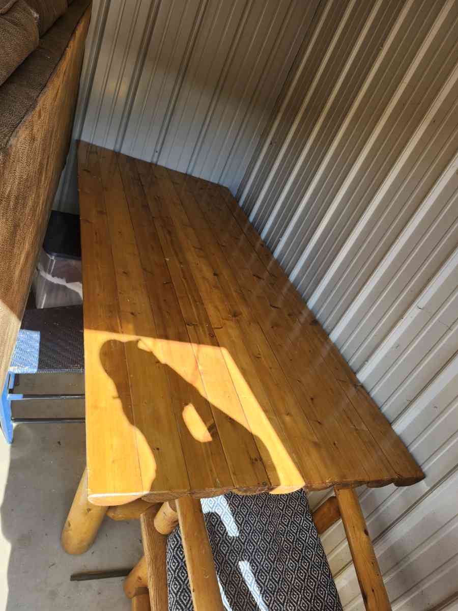 log dining table with 6 log Adirondack chairs