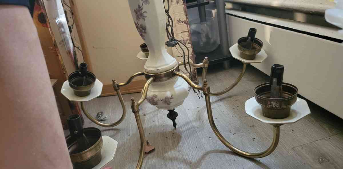 antique porcelian and brass flower chandelior