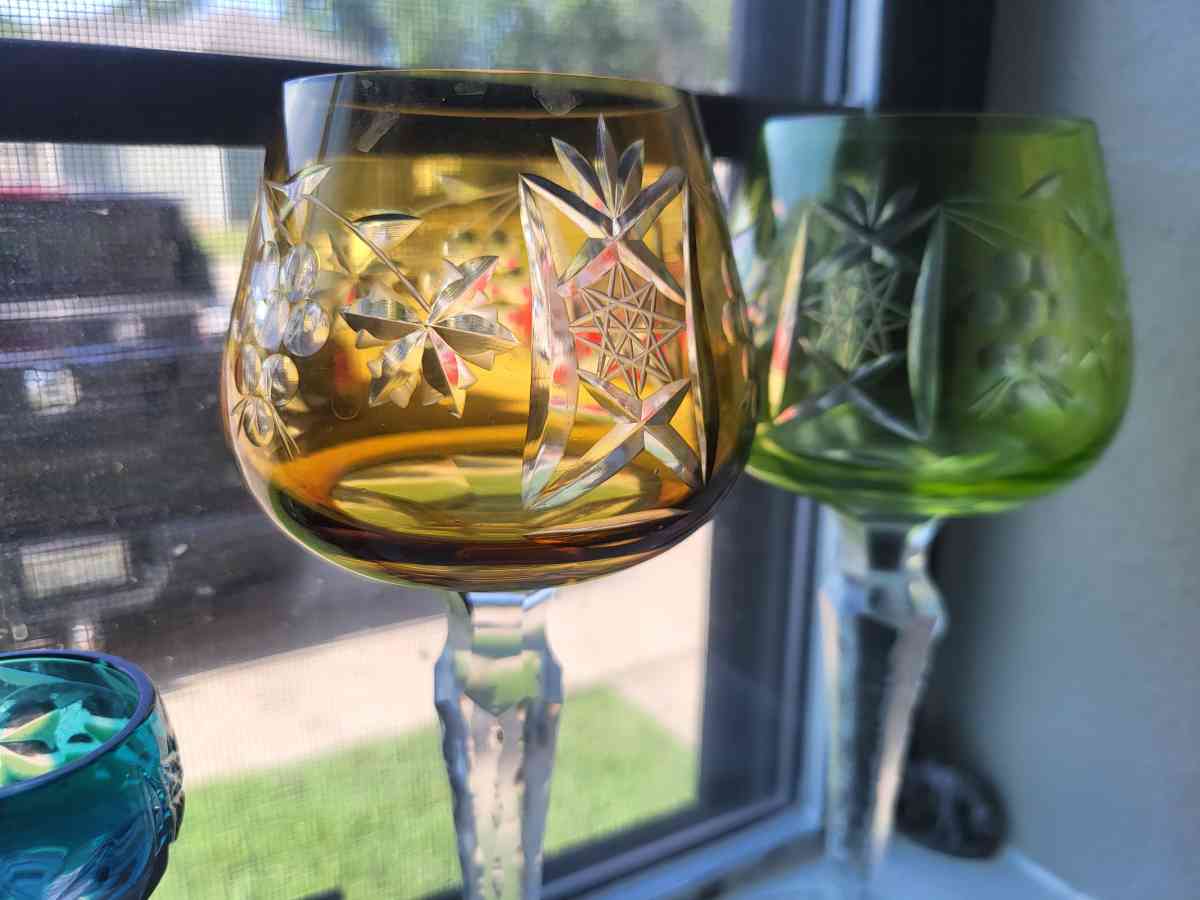 set of 6 1960s BOHEMIAN crystal cut to clear wine glasses