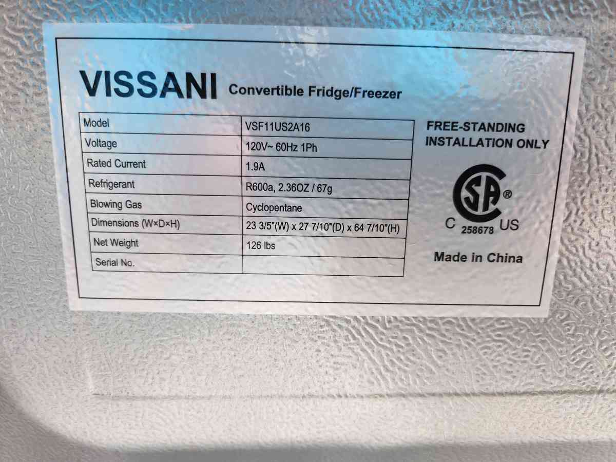 Vissani Convertible Upright Freezer Refrigerator
