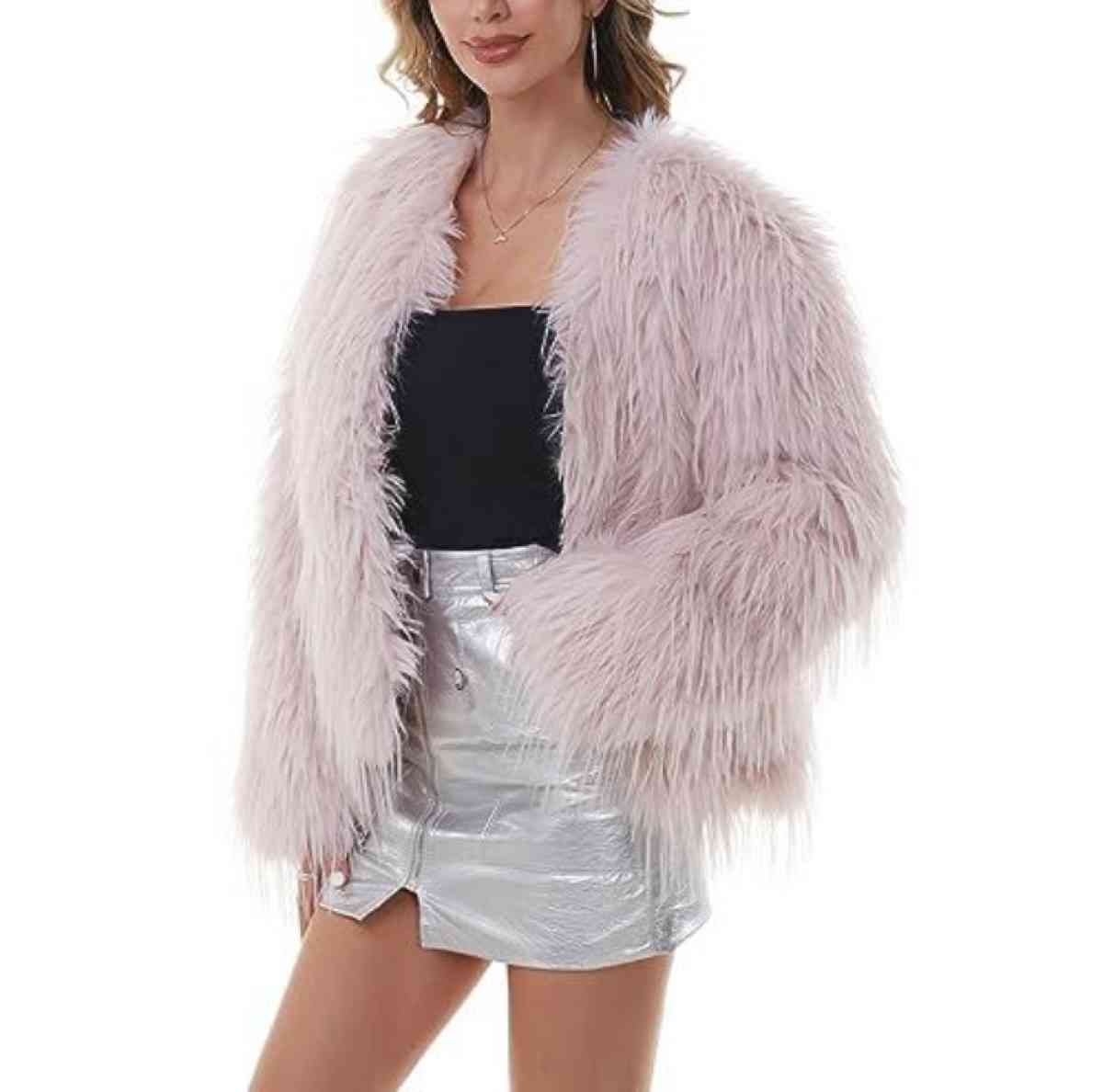 Faux Fur Pink Coat Womens Jacket Shaggy Outwear Long Sleeve