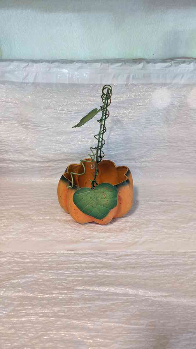 Orange And Green Paper Mache Pumpkin Basket with a Green Met