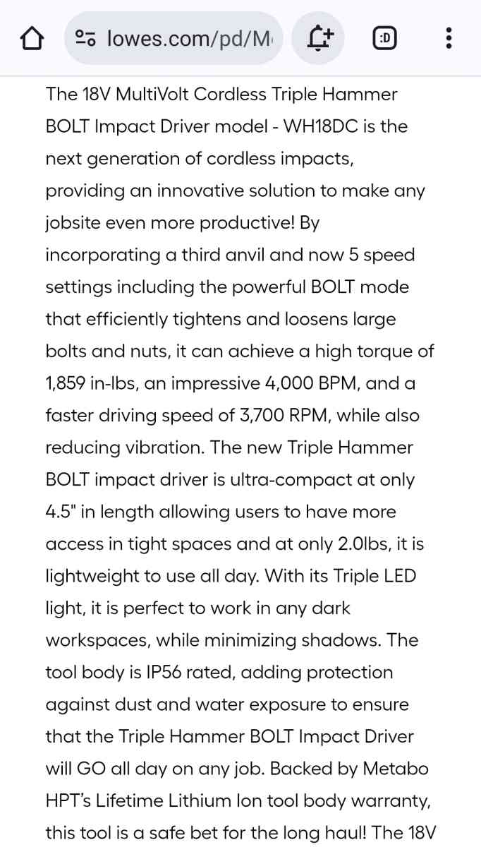 Metabo HPT 18v Cordless Impact Driver