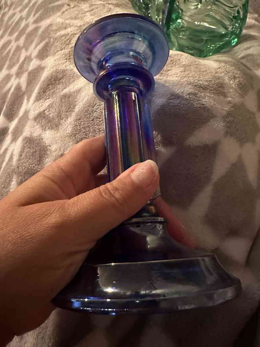 blue iridescent glass candle holders