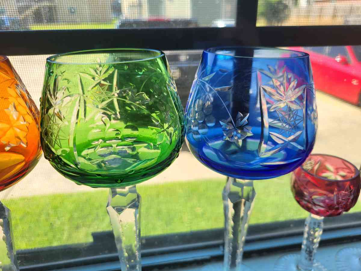 set of 6 1960s BOHEMIAN crystal cut to clear wine glasses