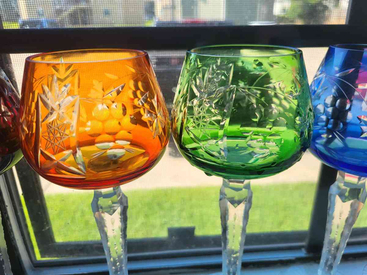 set of 6 1960s BOHEMIAN crystal cut to clear wine glasses