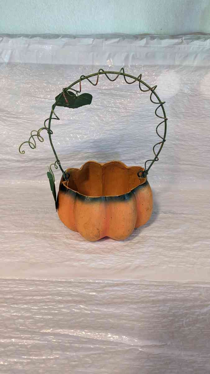 Orange And Green Paper Mache Pumpkin Basket with a Green Met