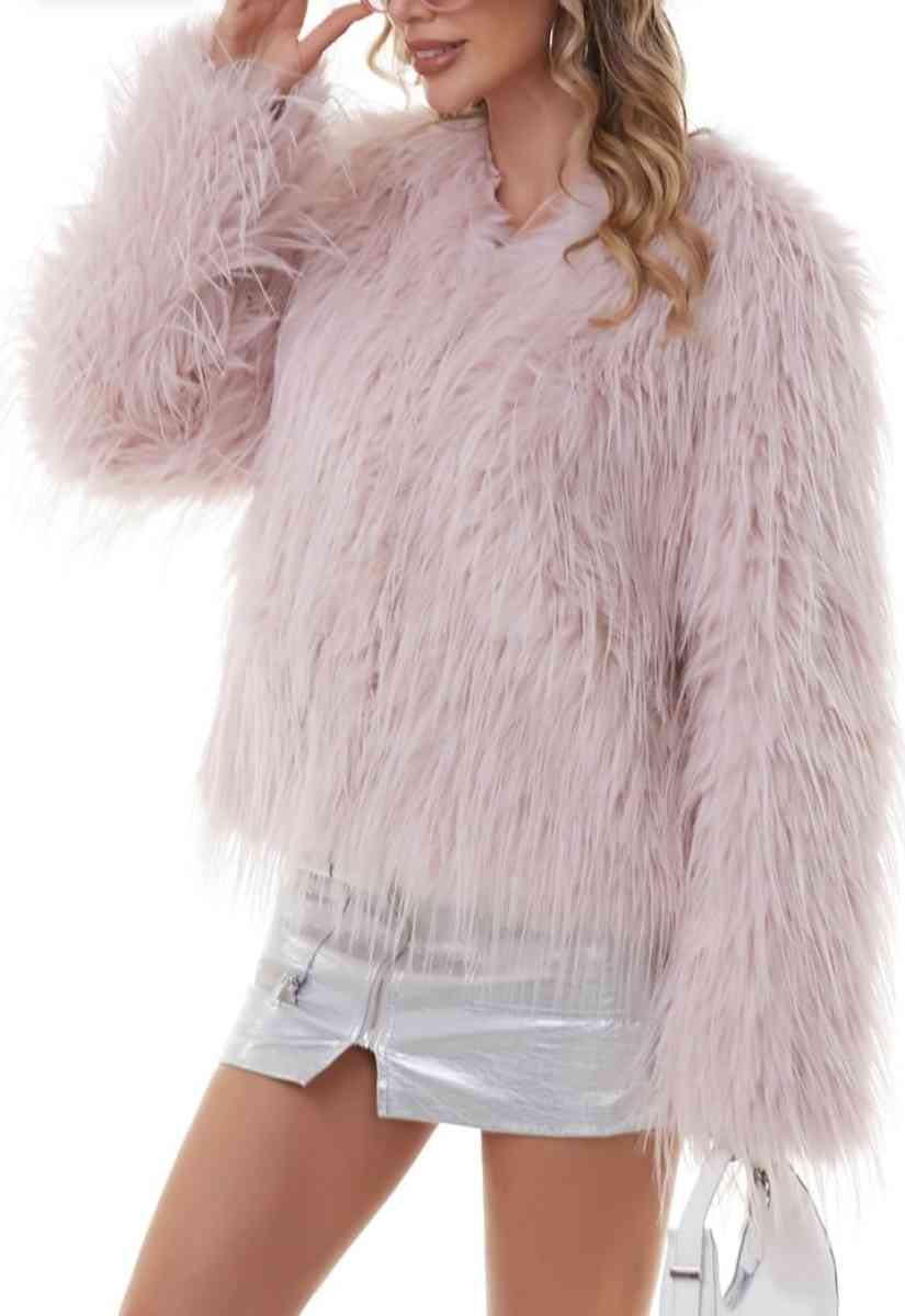 Faux Fur Pink Coat Womens Jacket Shaggy Outwear Long Sleeve