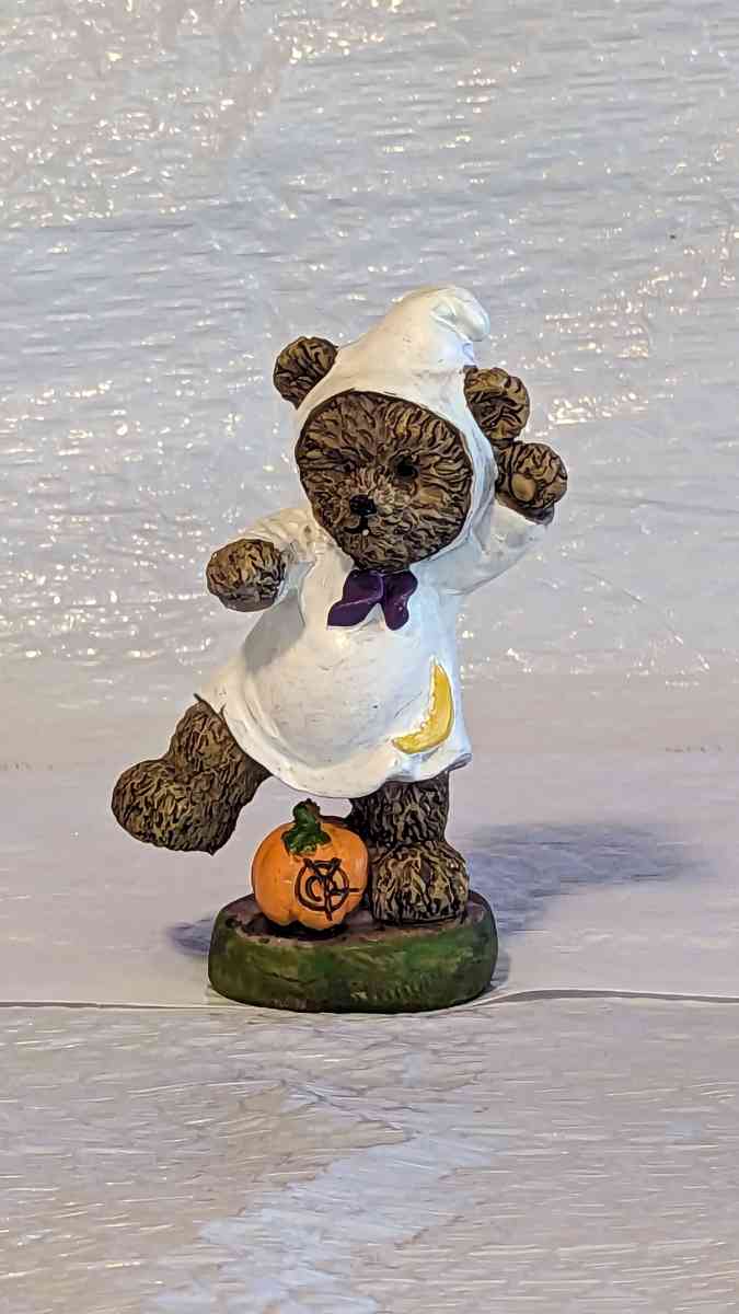 Resin Teddy Bear in a Ghost Costume with a Pumpkin