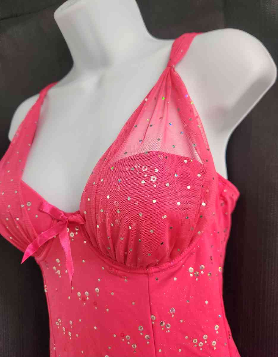 Victorias Secret Hot Pink Sparkle Gartered Babydoll Corset